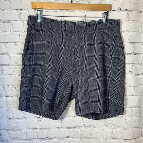 Abercrombie & Fitch Linen Blend Plaid Shorts size 33 Black Gray - Picture 1 of 5
